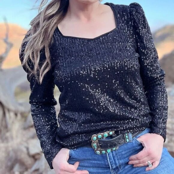 No Brand Tops - Western Bubble Bling Babe Sparkle Sequin Long Sleeve Black Top New